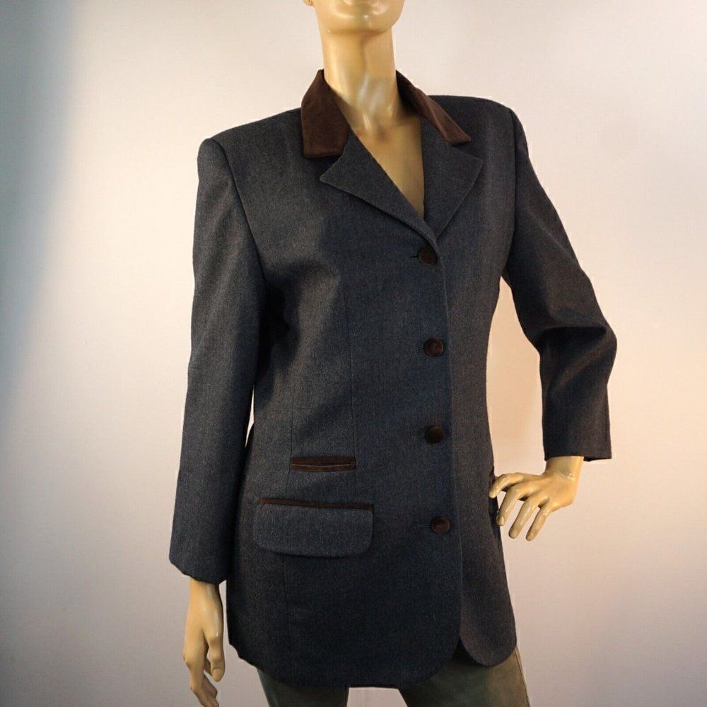 Brooks Brothers Women Jacket Sz 10 Gray Worsted Wool USA Made Brown Velvet Trim